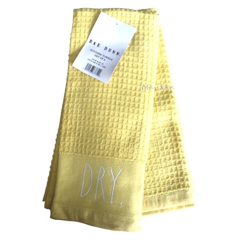 Rae Dunn Kitchen Dish Towels Clean Dry Yellow Cotton Set of 2 Embroidered